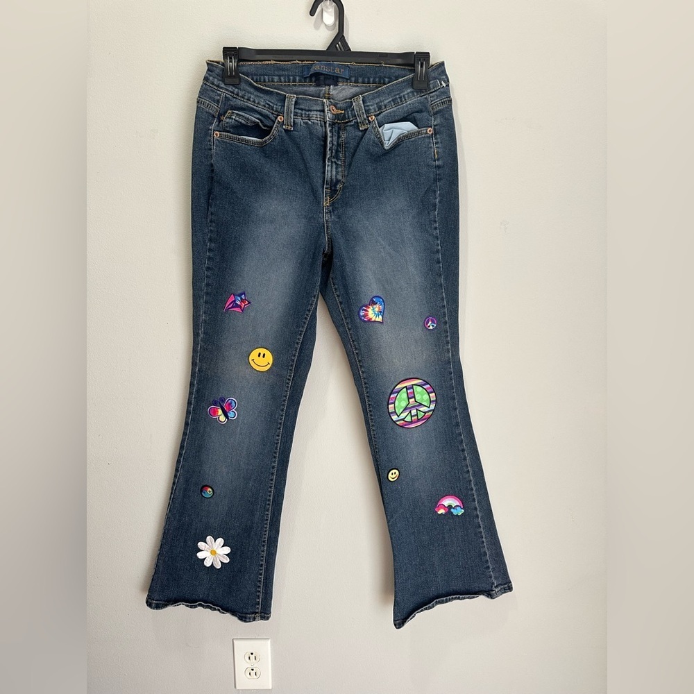Jeanstar Embroidered Blue Jeans with Fun Patches size 14